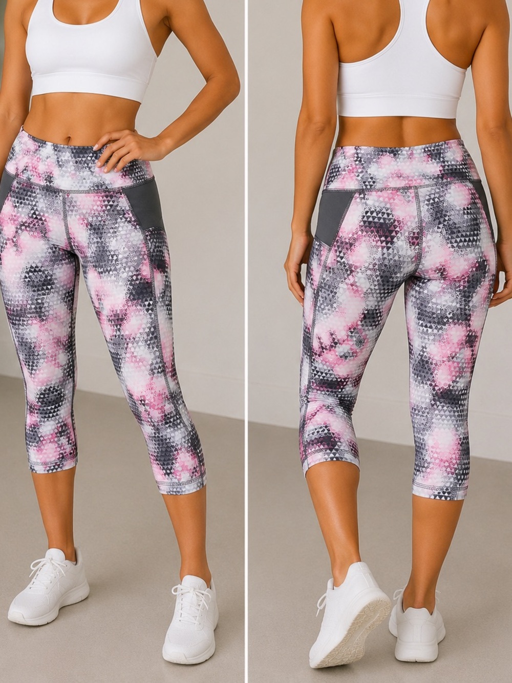 Tek Gear DryTek Pink Gray Printed Capri Leggings Women’s Large Athletic